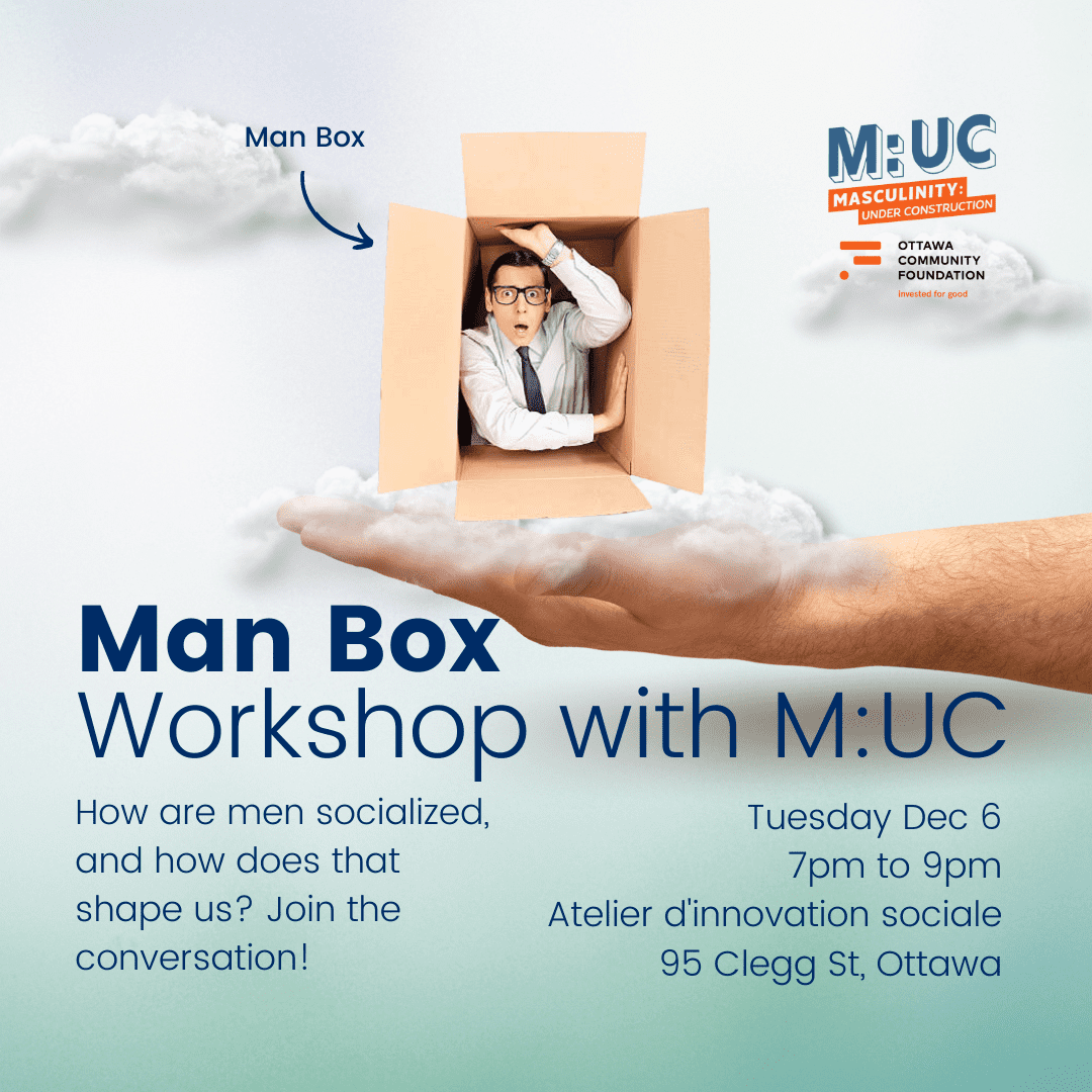 Poster of event - shows a man in a box, held up by a hand.