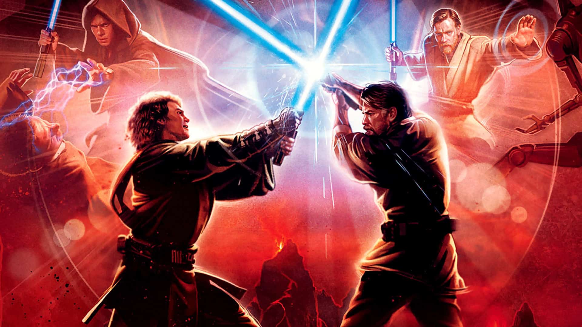 Picture of two jedi fighting on a red background