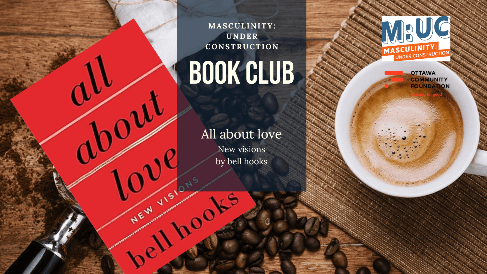 The book All about love by bell hooks, on a back ground of coffee grinds, with a cup of espresso.